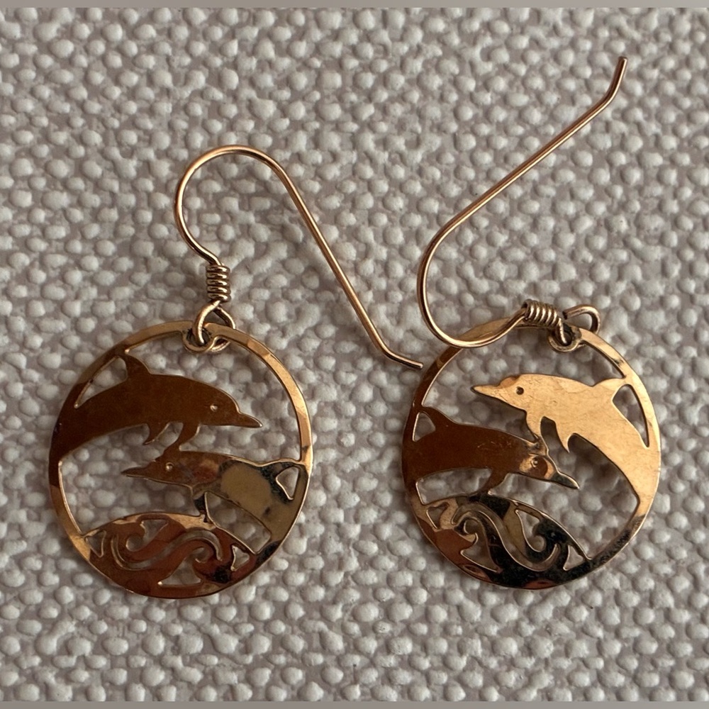Wild Bryde Dolphin Earrings 14K Gold Plate French Wire Dangle Vintage.